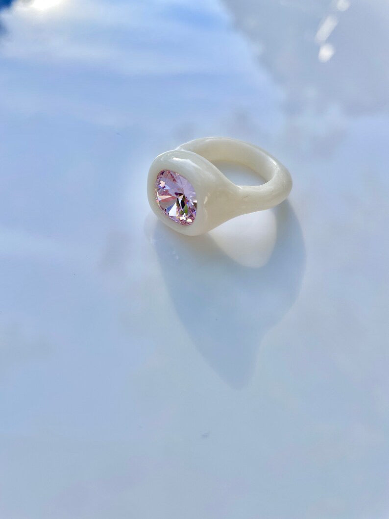 White polymer ring with 10mm soft pink crystal Swarovski