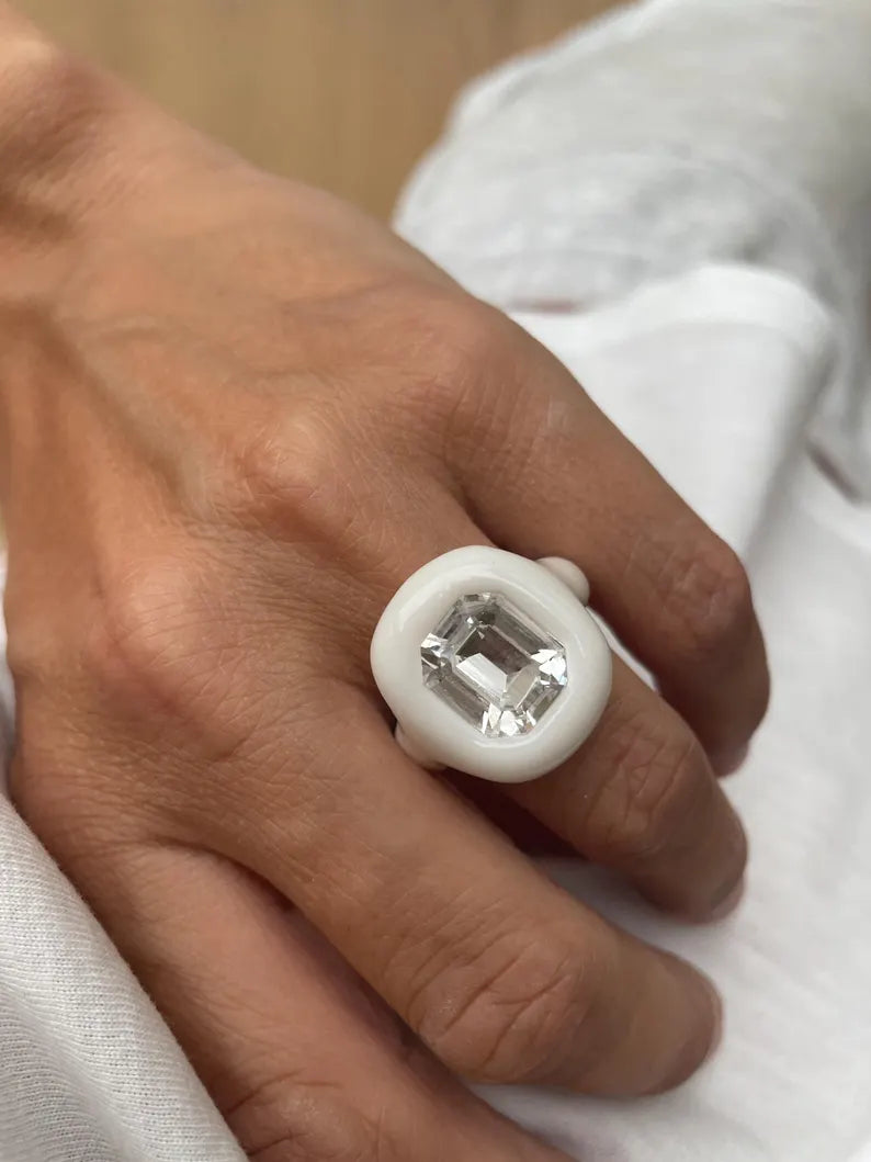 White classy octagon clear crystal polymer clay ring