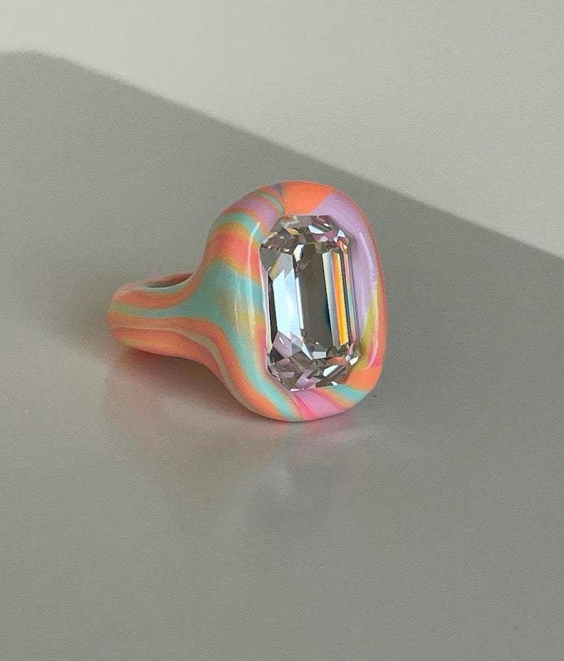Rainbow color mix polymer clay ring with 18mm crystal