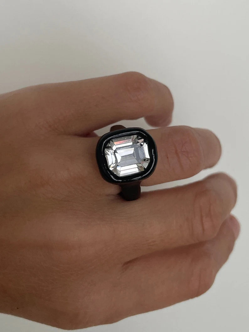 Black polymer ring with clear octagon 14mm Swarovski crystal