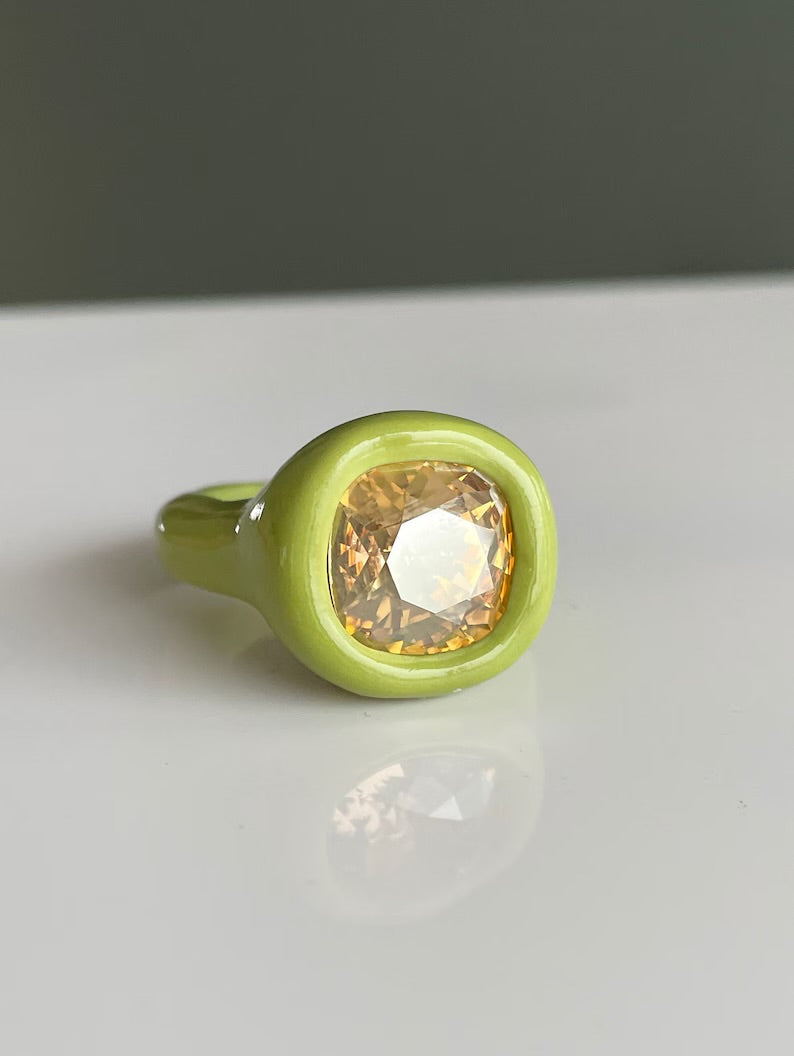 Matcha green polymer ring with golden shine 12 cushion cut Swarovski crystal