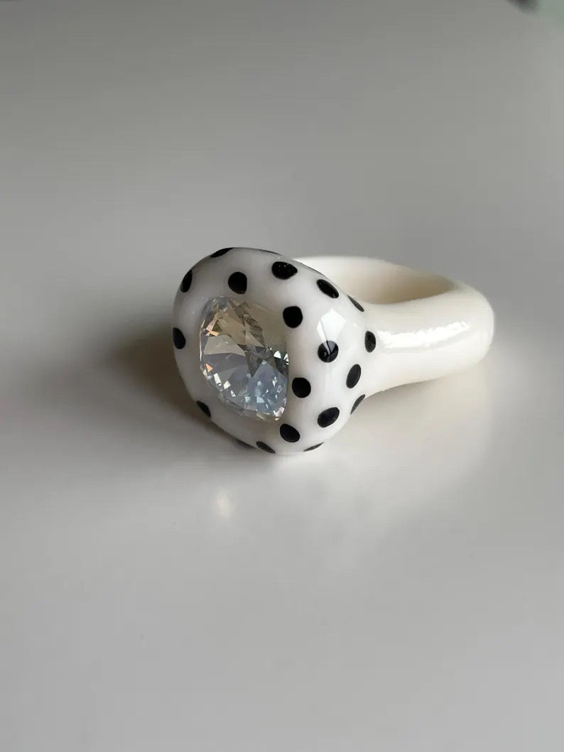 Polka dot hand painted polymer clay ring 12mm crystal