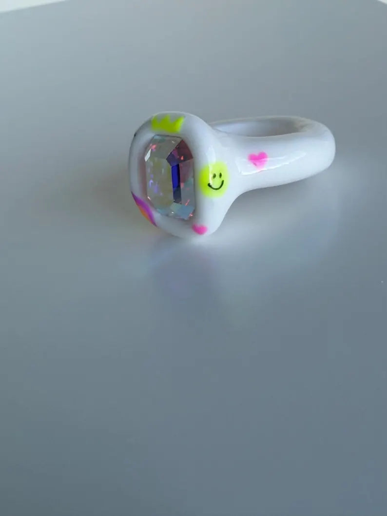 Street art smiley hand painted polymer ring