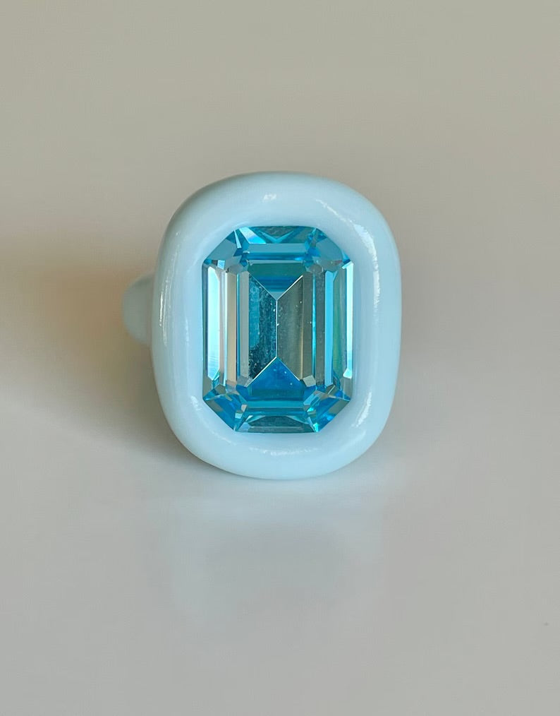 Baby blue big octagon ring blue crystal 18mm