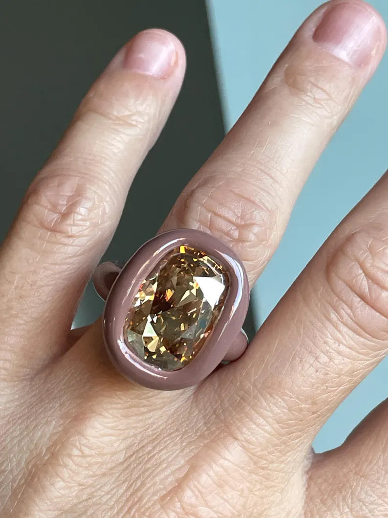 Beige brown caramel color polymer ring with sparkling 18mm elongated cushion champagne crystal