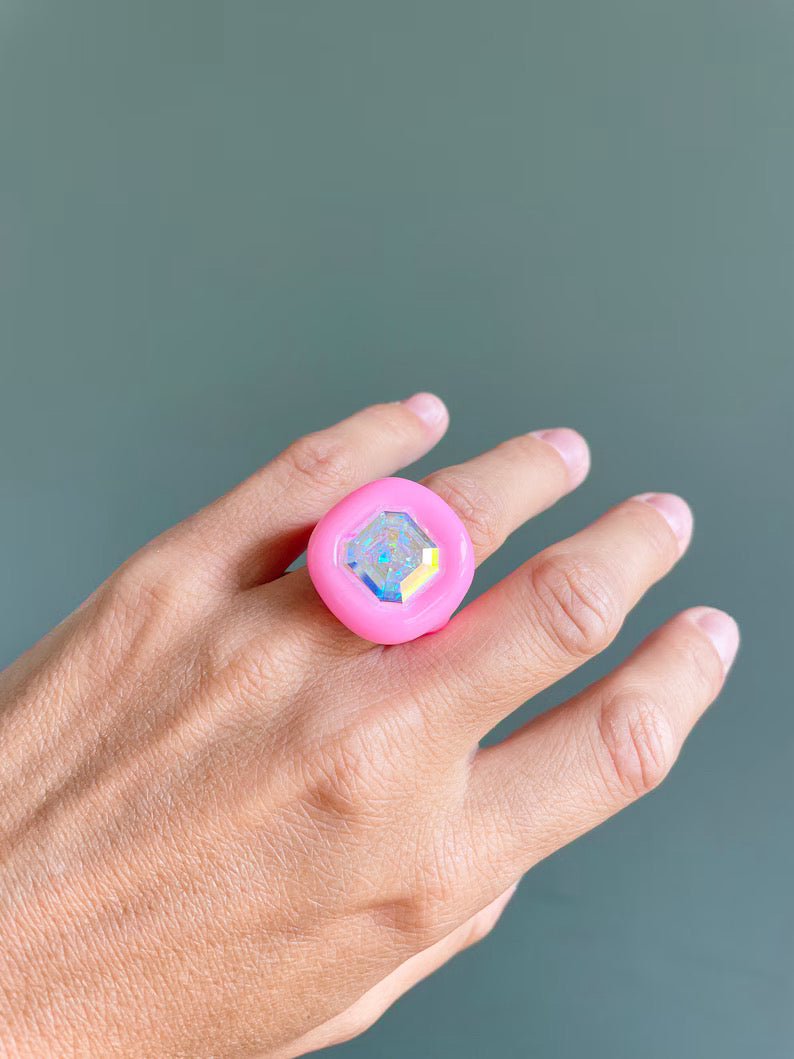 Bubble gum pink polymer ring with 14mm opalescent crystal