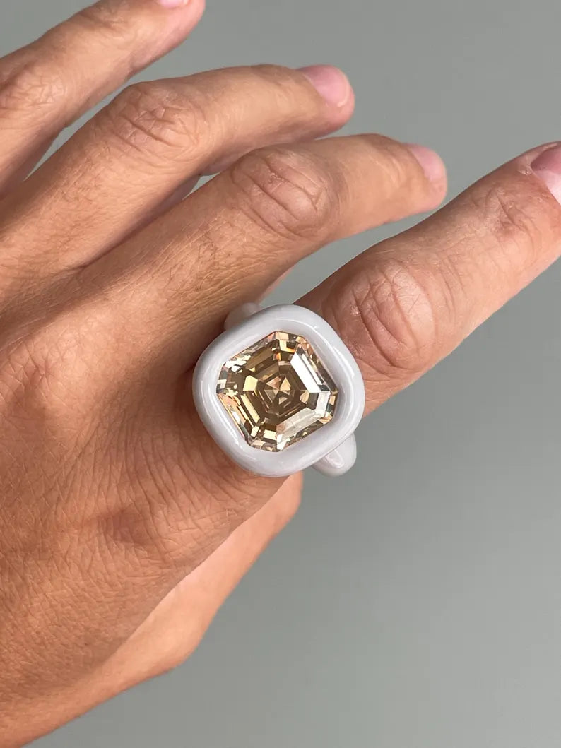 Gray polymer ring with 14mm square champagne crystal