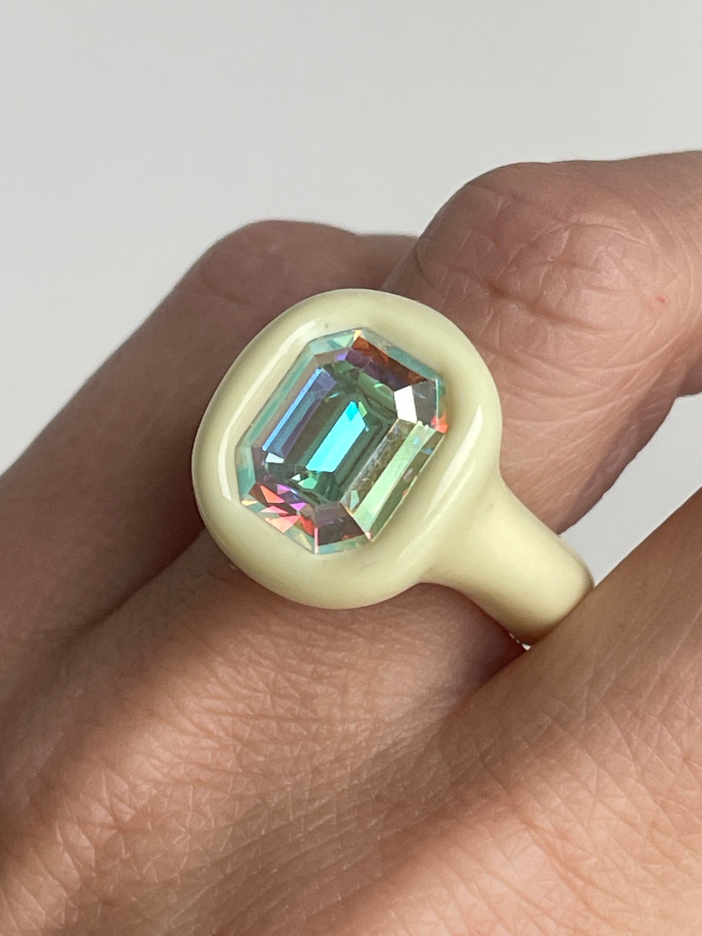 Pastel Vanilla Ring with Opalescent Octagon Crystal