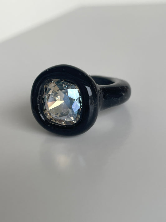 Black Cushion Cut Diamond Sparkle Swarovski Crystal Polymer Ring