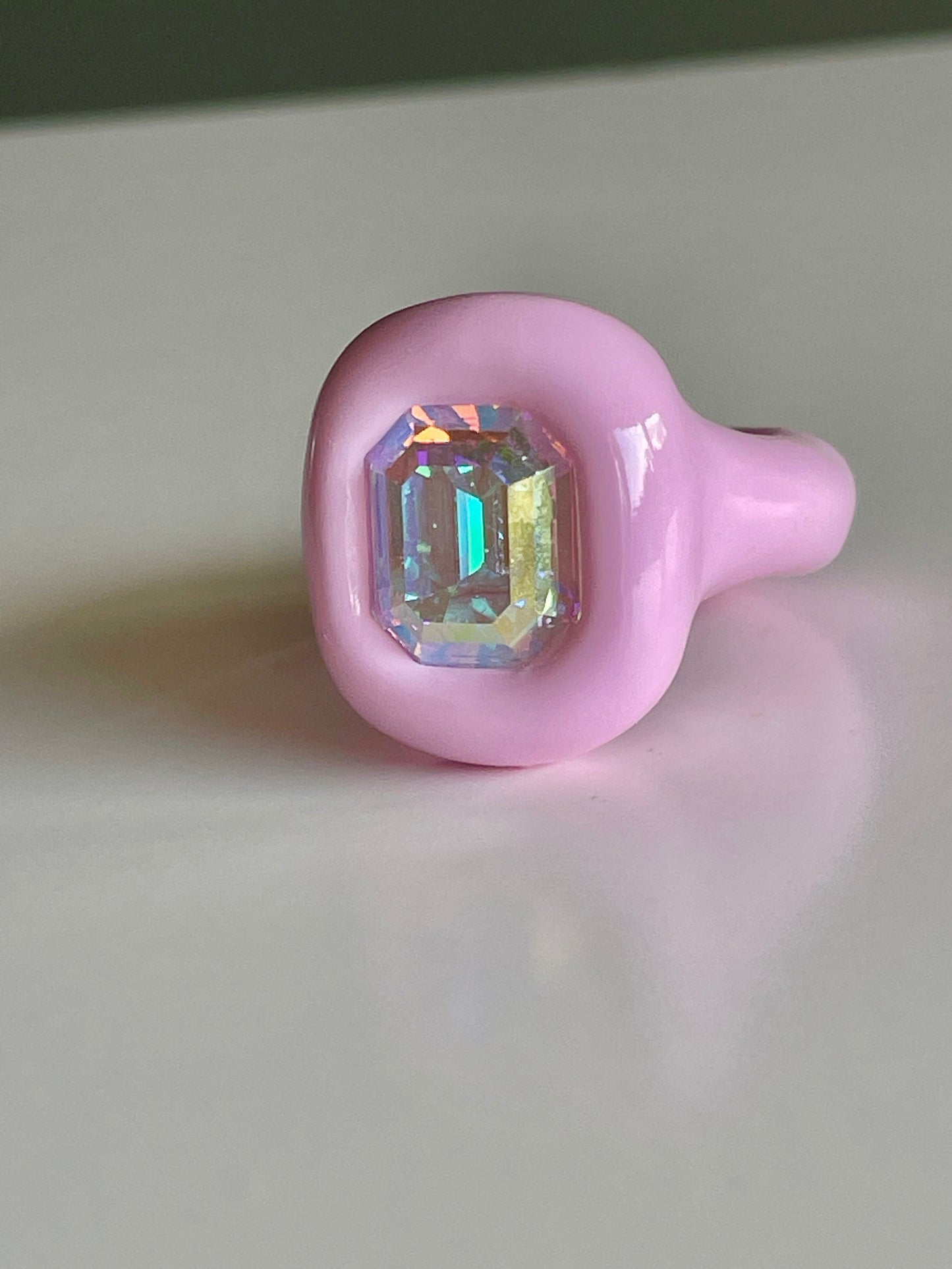 Pastel Light Pink Ring with Opalescent Octagon Crystal