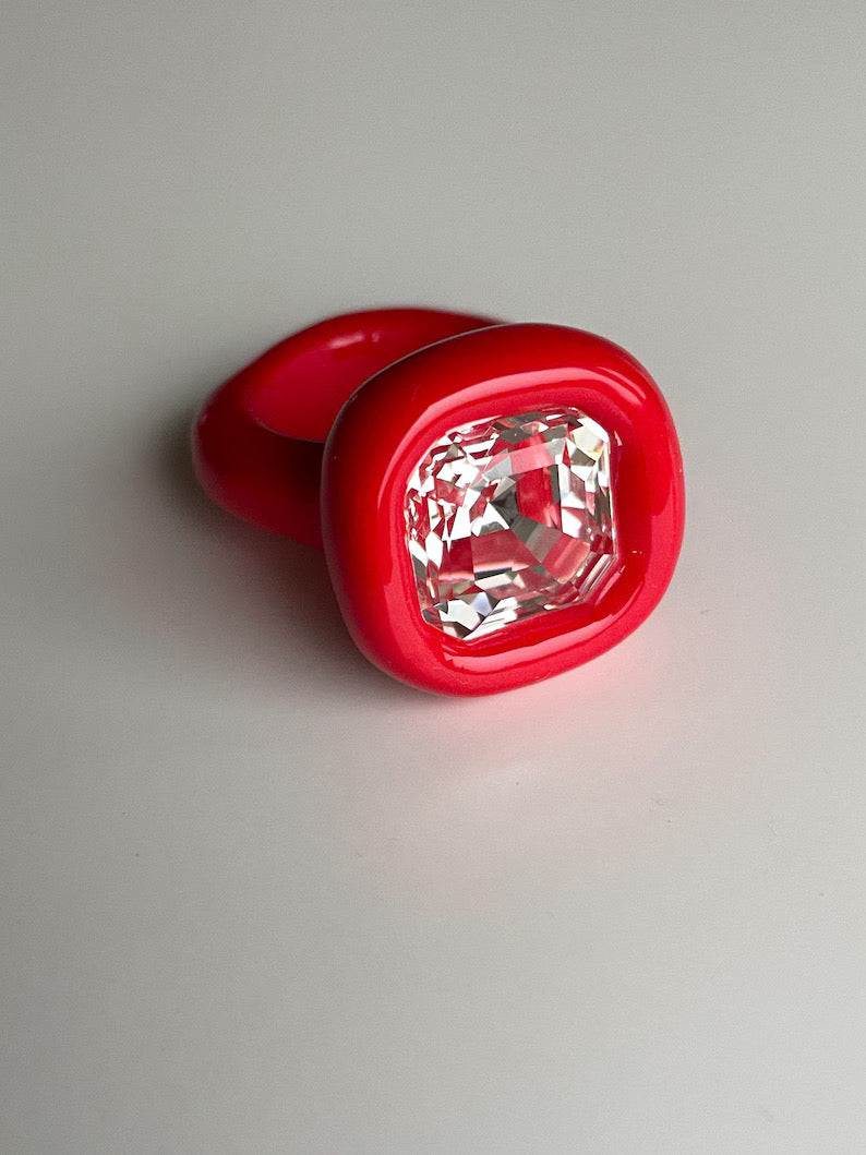 Red polymer clay ring with 14 mm square crystal