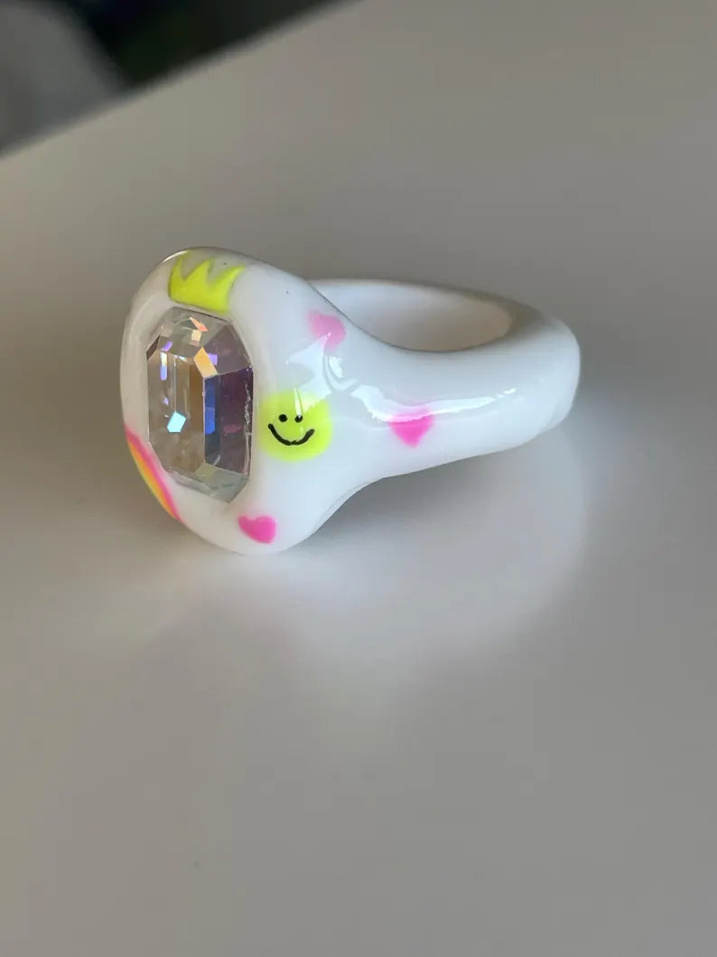 Street art smiley hand painted polymer ring
