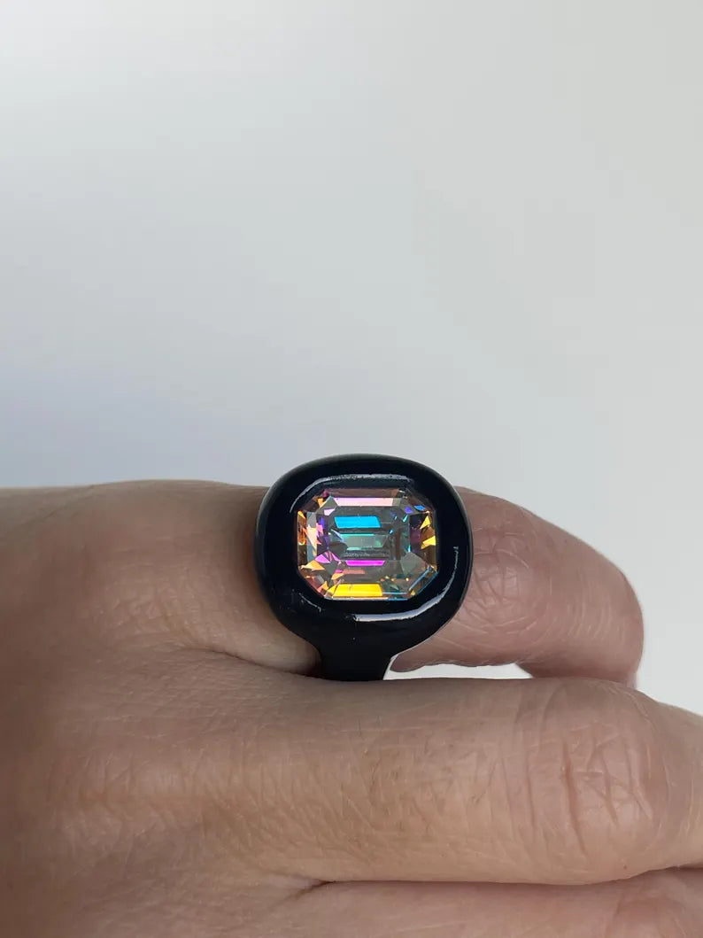 Black polymer ring with octagon 14mm Opalescent Crystal