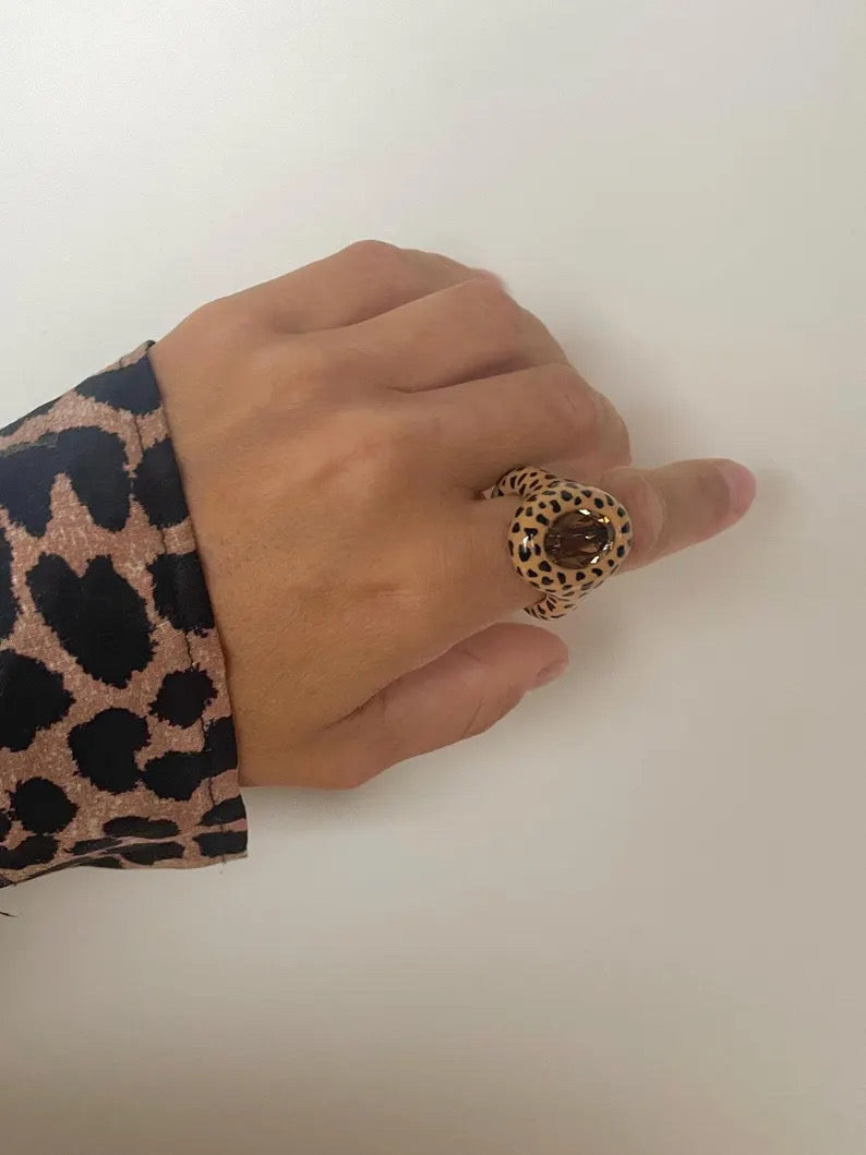 Statement Leopard  Print Medium Oval Smoked Topaz Polymer Ring