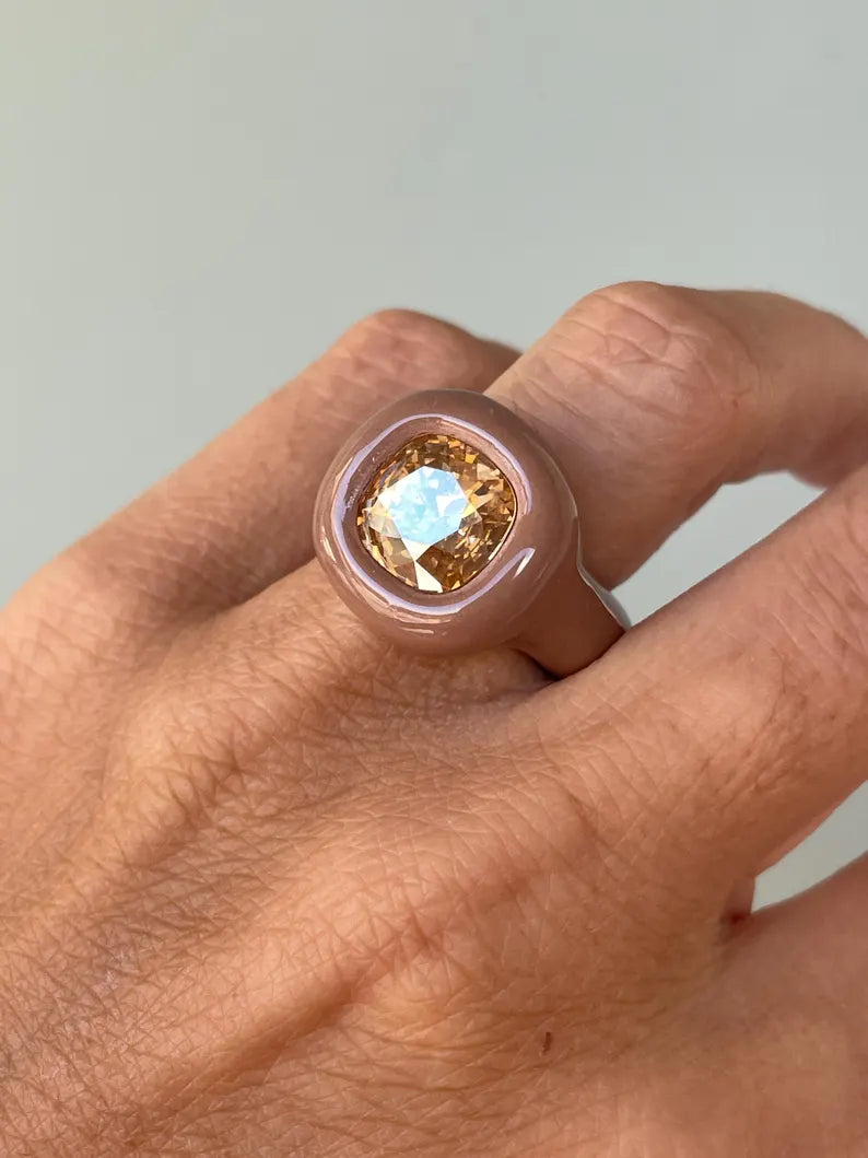 Light brown beige ring with small champagne diamond crystal Swarovski