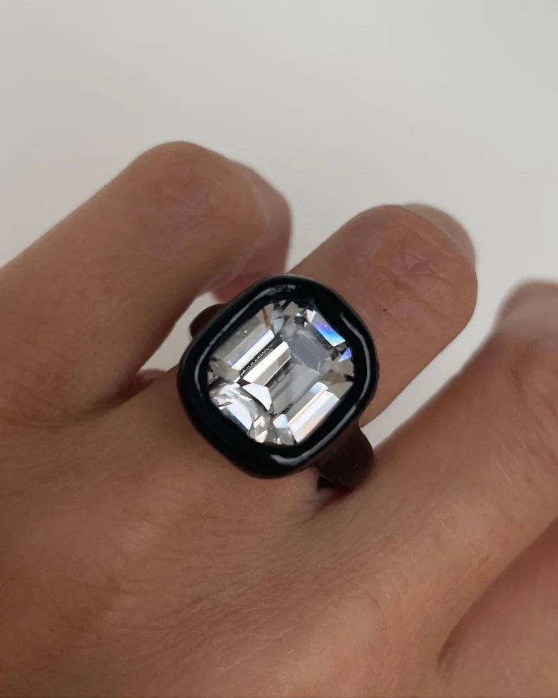Black polymer ring with clear octagon 14mm Swarovski crystal