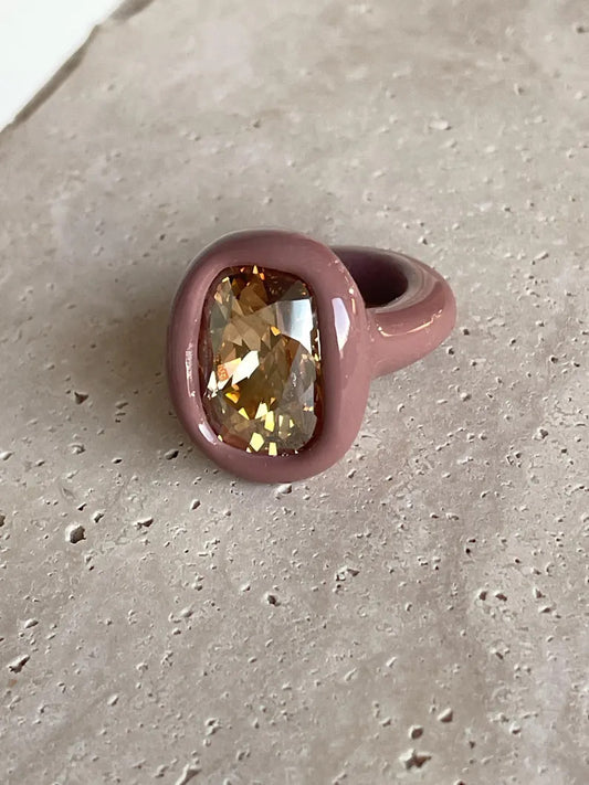 Beige brown caramel color polymer ring with sparkling 18mm elongated cushion champagne crystal