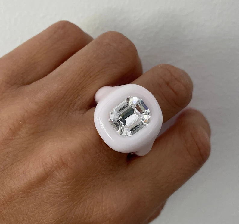 White classy octagon clear crystal polymer clay ring
