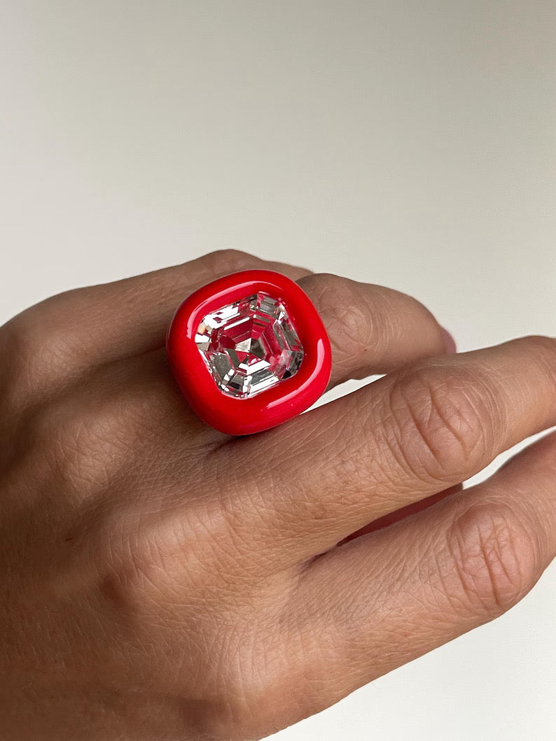 Red polymer clay ring with 14 mm square crystal