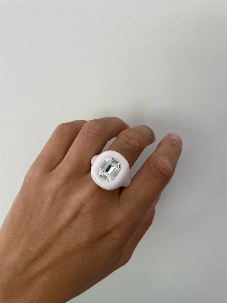 White classy octagon clear crystal polymer clay ring