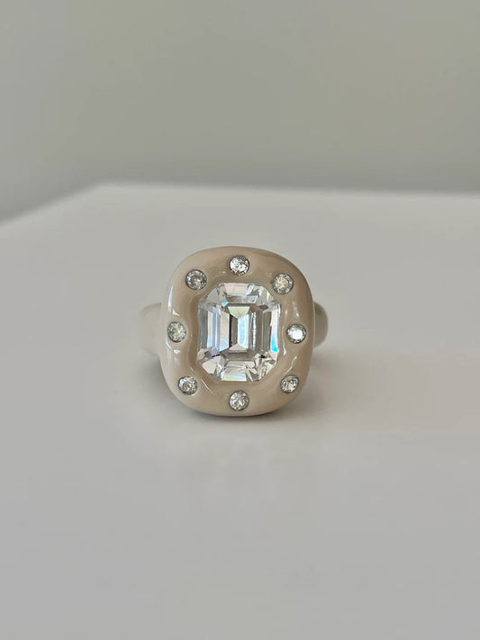 Sand light beige color polymer clay ring with octagon crystal annd smaller 2mm Swarovski crystals