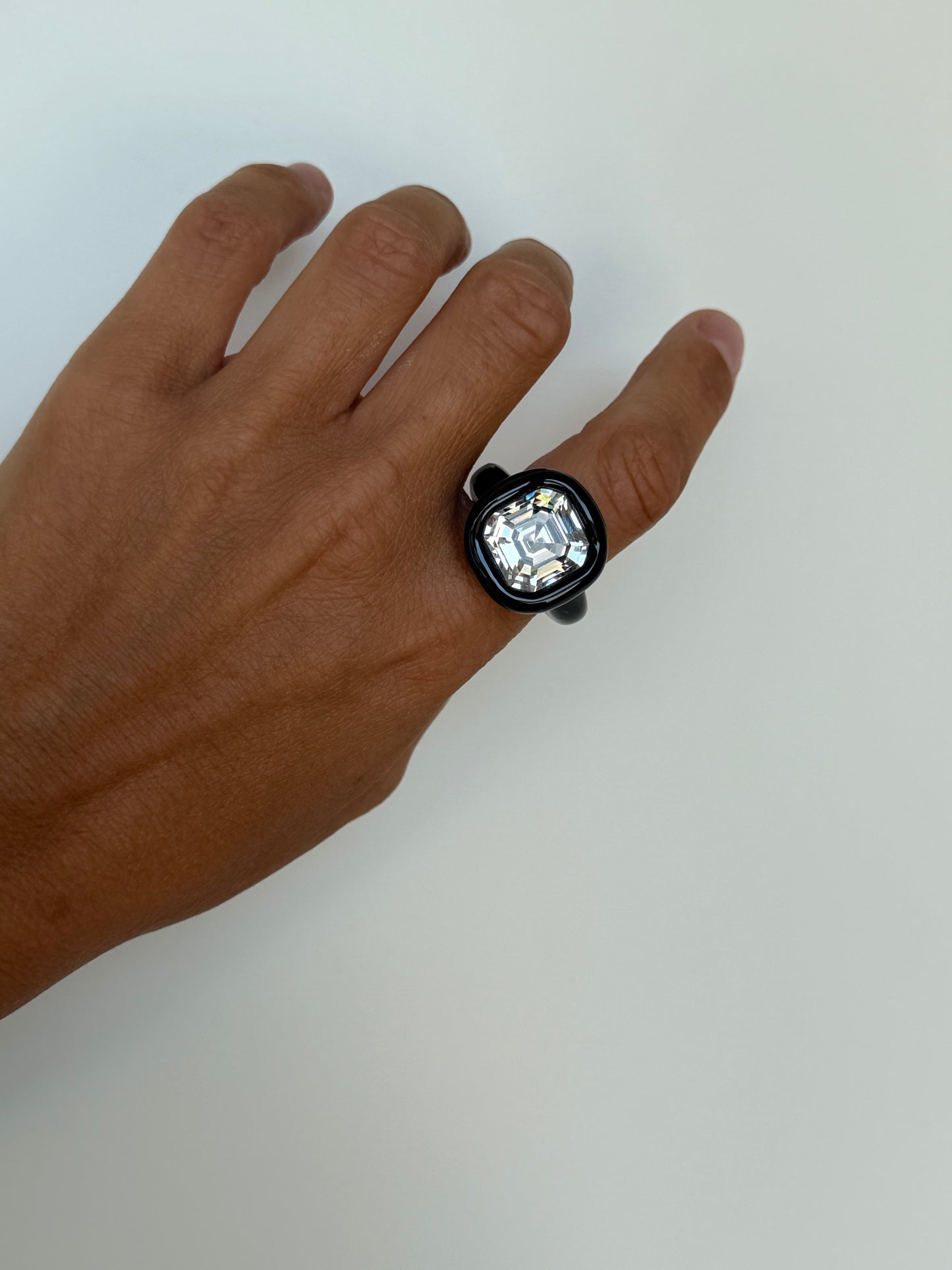 Black classy 14mm clear square Swarovski crystal polymer ring