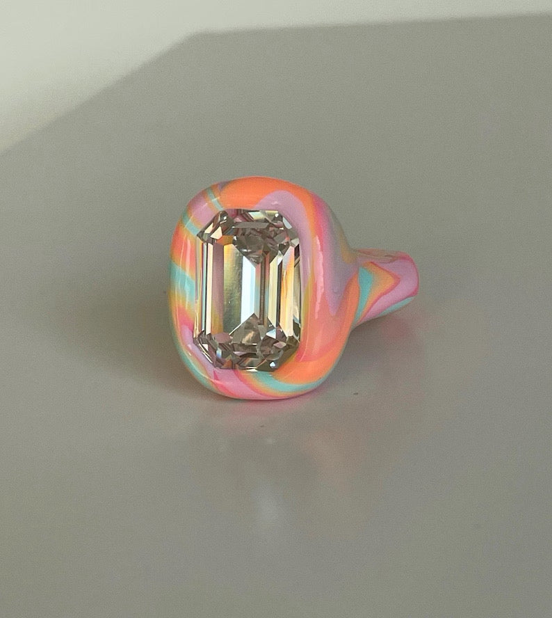 Rainbow color mix polymer clay ring with 18mm crystal