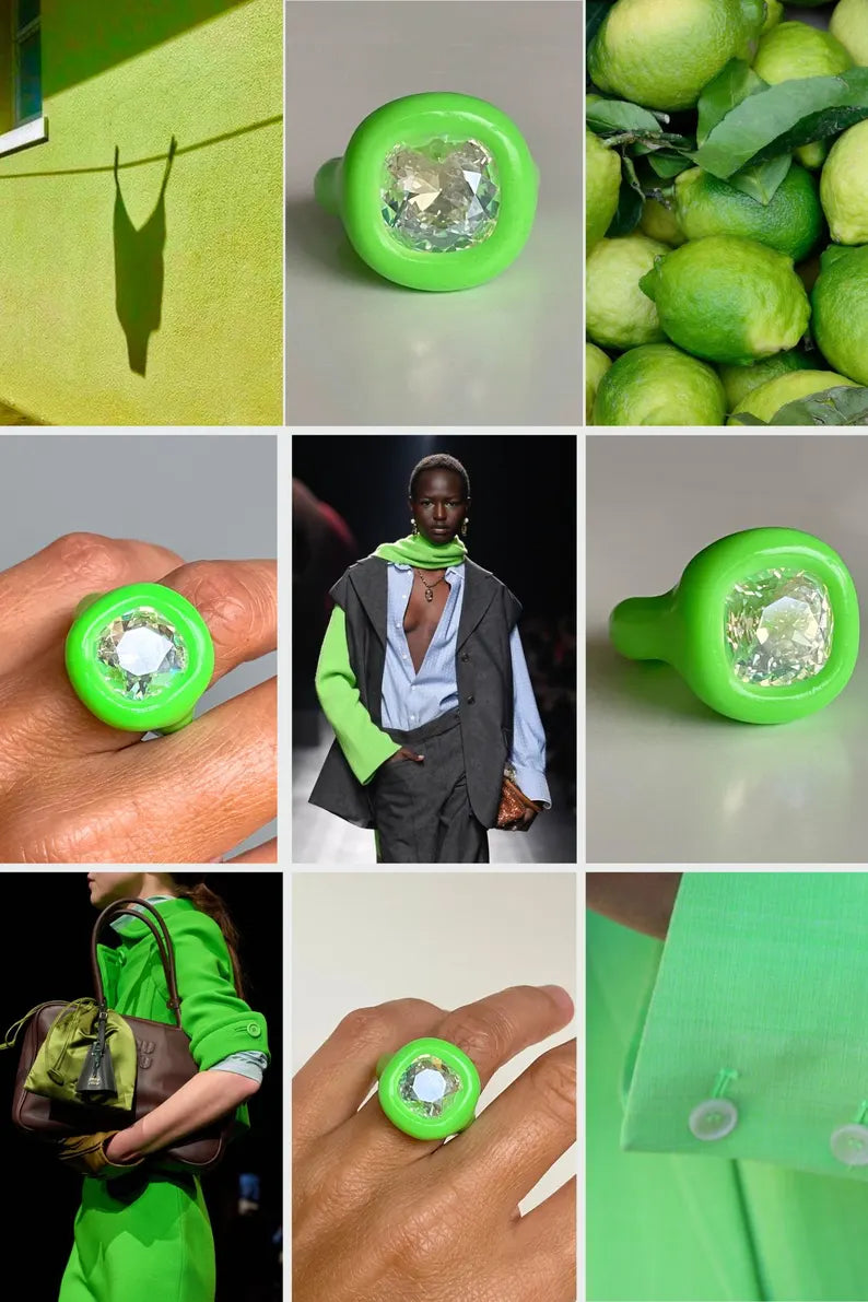 Neon lime green polymer ring with diamond sparkle Swarovski 12mm crystal