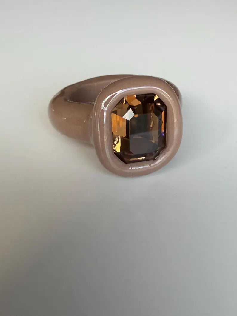 Coffee brown polymer clay ring with cognac topaz octagon crystal 14mm