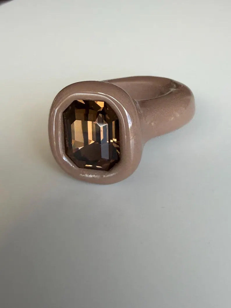 Coffee brown polymer clay ring with cognac topaz octagon crystal 14mm