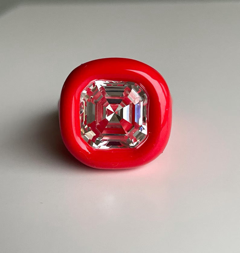 Red polymer clay ring with 14 mm square crystal