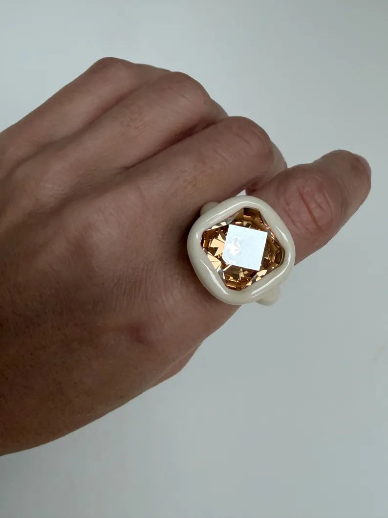 Ivory milk color polymer ring with 14mm square Swarovski in golden  diamond luster