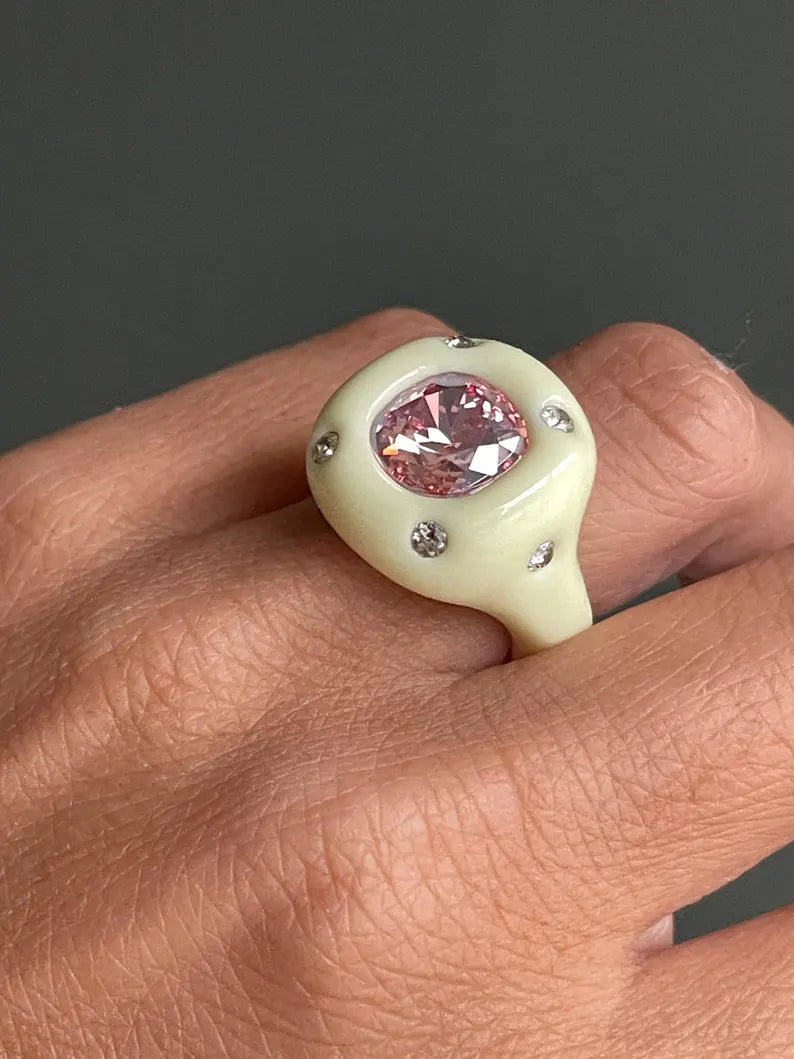 Pastel yellow polymer clay ring with peach color crystal Swarovski
