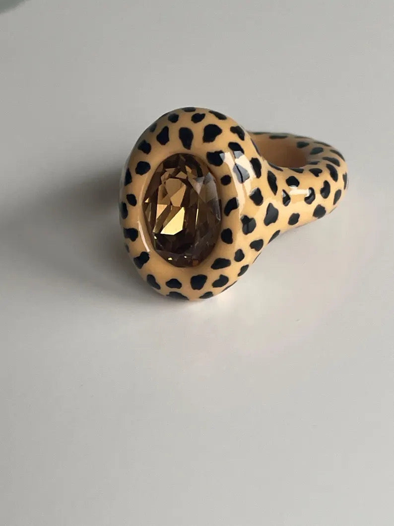 Statement Leopard  Print Medium Oval Smoked Topaz Polymer Ring