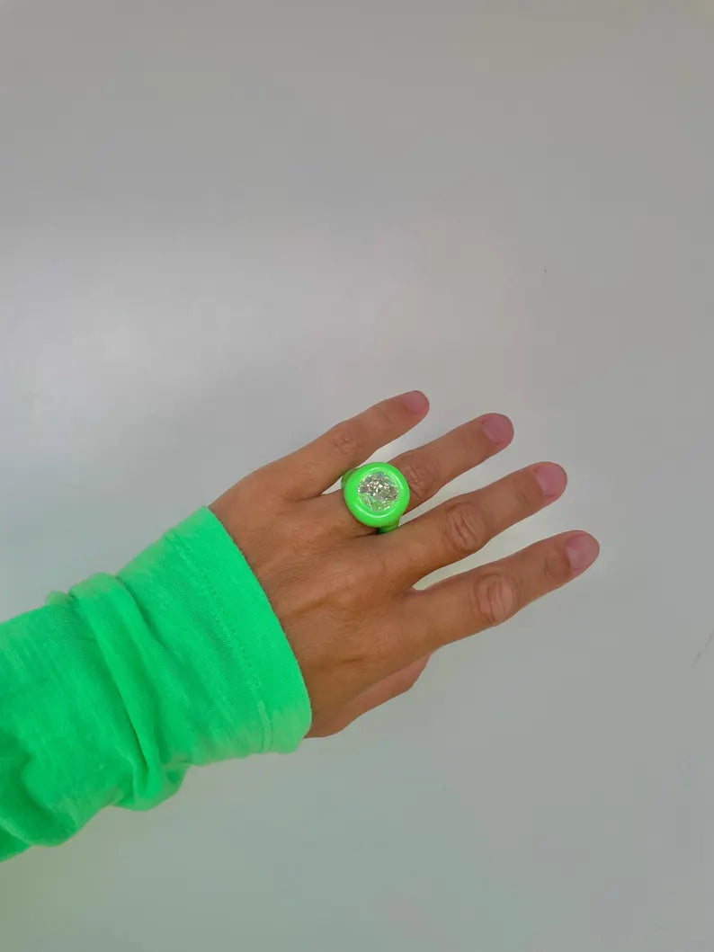 Neon lime green polymer ring with diamond sparkle Swarovski 12mm crystal