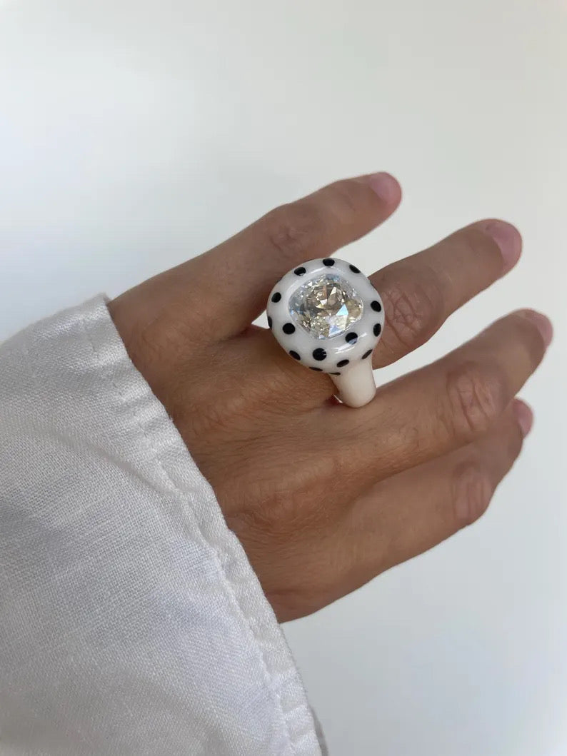 Polka dot hand painted polymer clay ring 12mm crystal