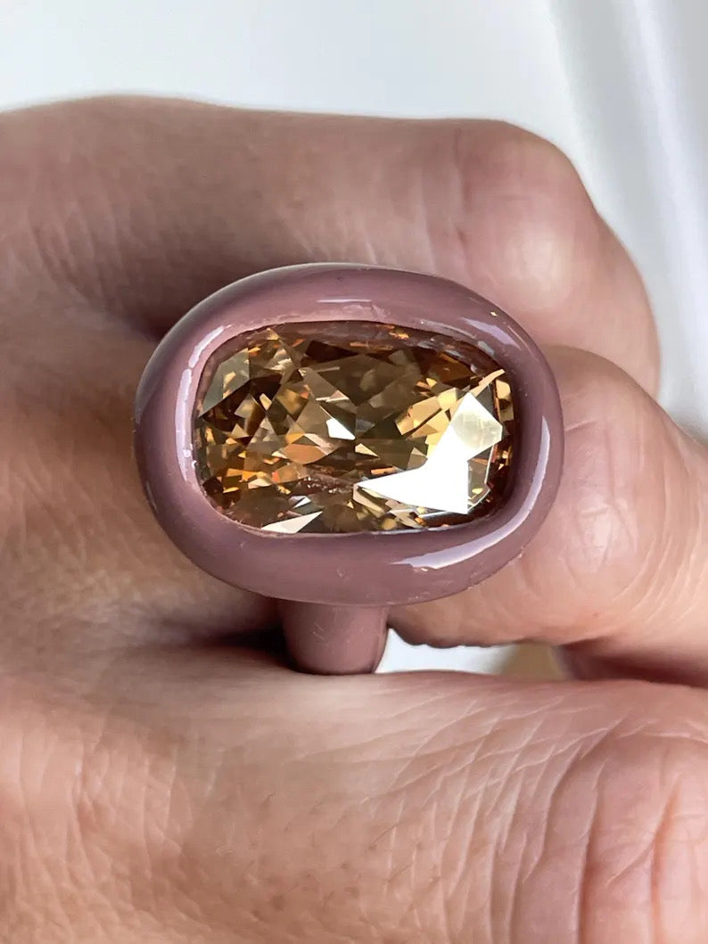 Beige brown caramel color polymer ring with sparkling 18mm elongated cushion champagne crystal