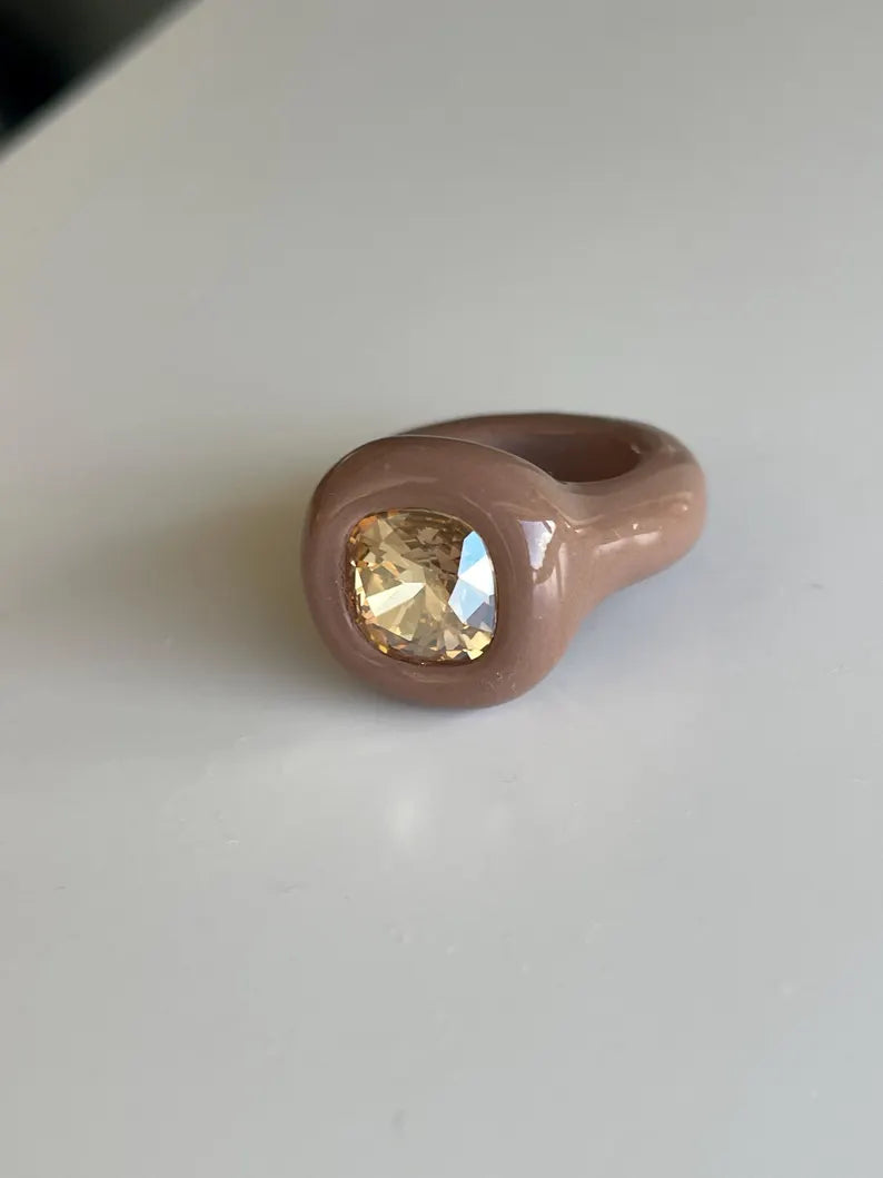 Light brown beige ring with small champagne diamond crystal Swarovski