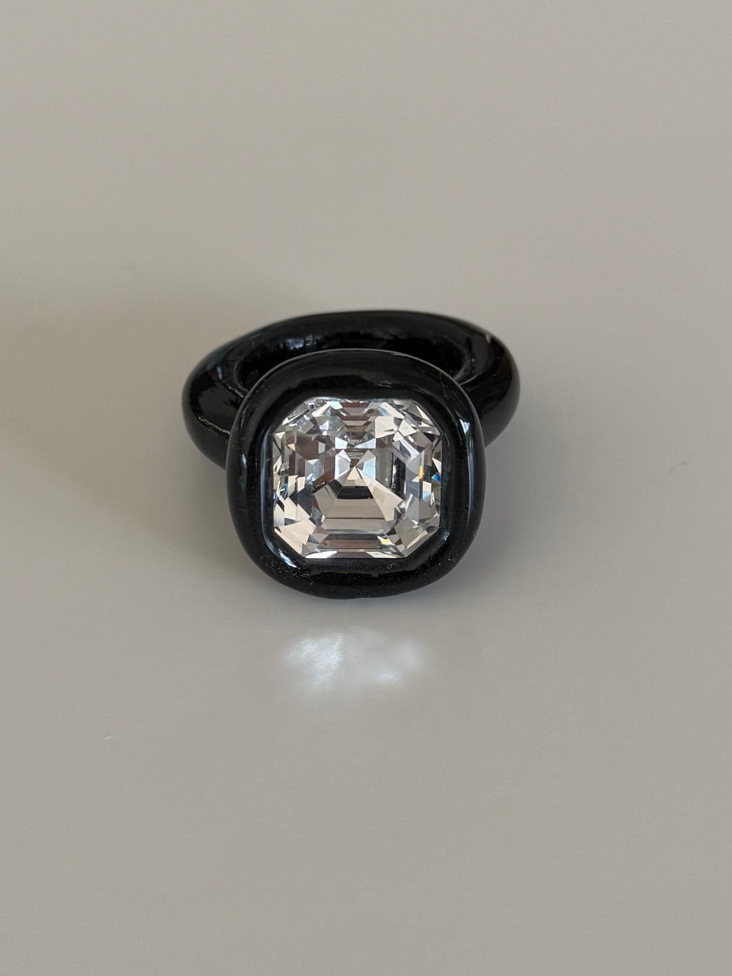 Black classy 14mm clear square Swarovski crystal polymer ring