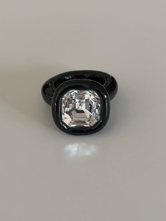Black classy 14mm clear square Swarovski crystal polymer ring