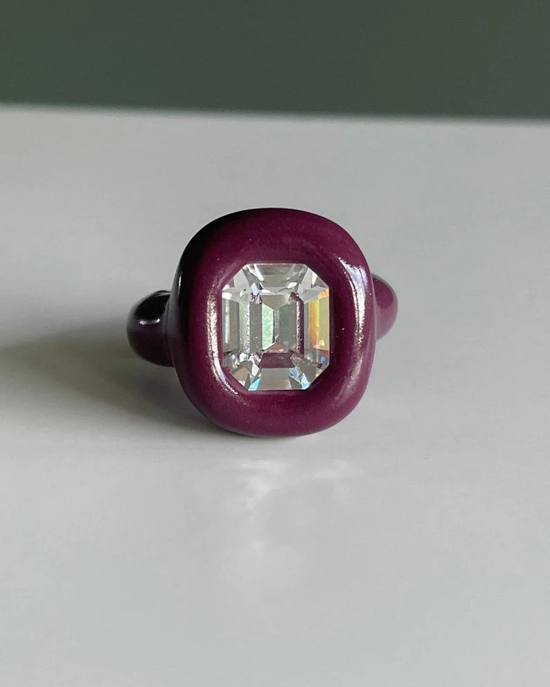 Burgundy grape color polymer ring with 12mm Swarovski
