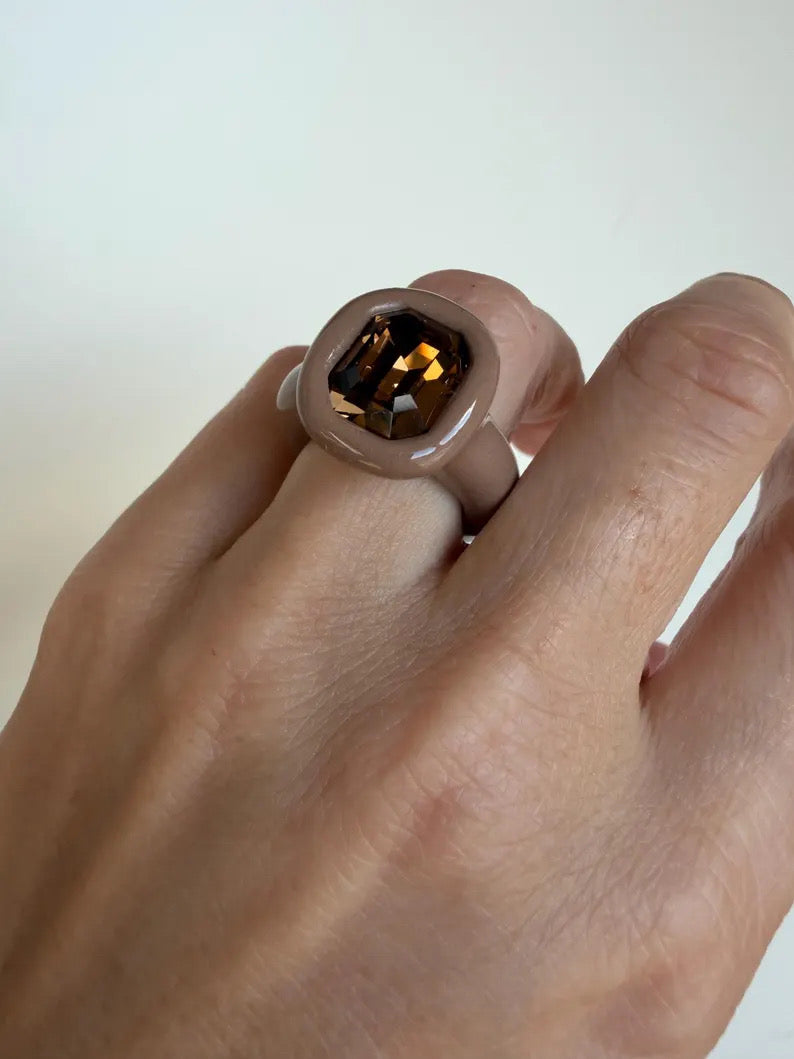 Coffee brown polymer clay ring with cognac topaz octagon crystal 14mm