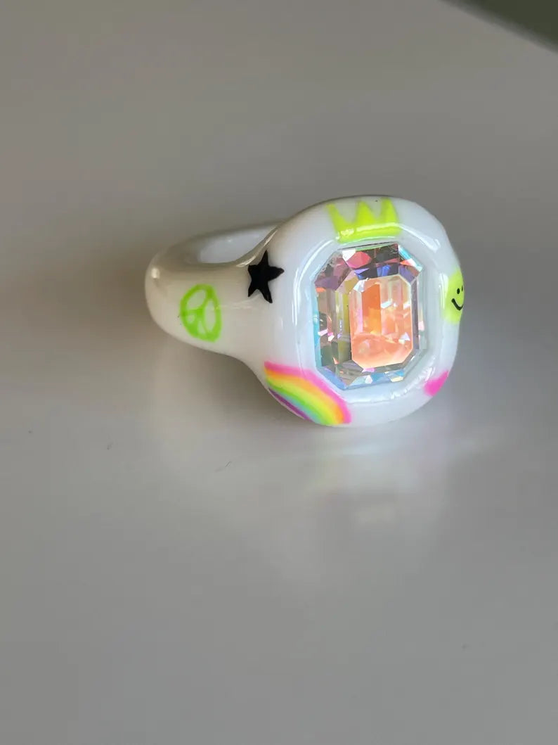 Street art smiley hand painted polymer ring