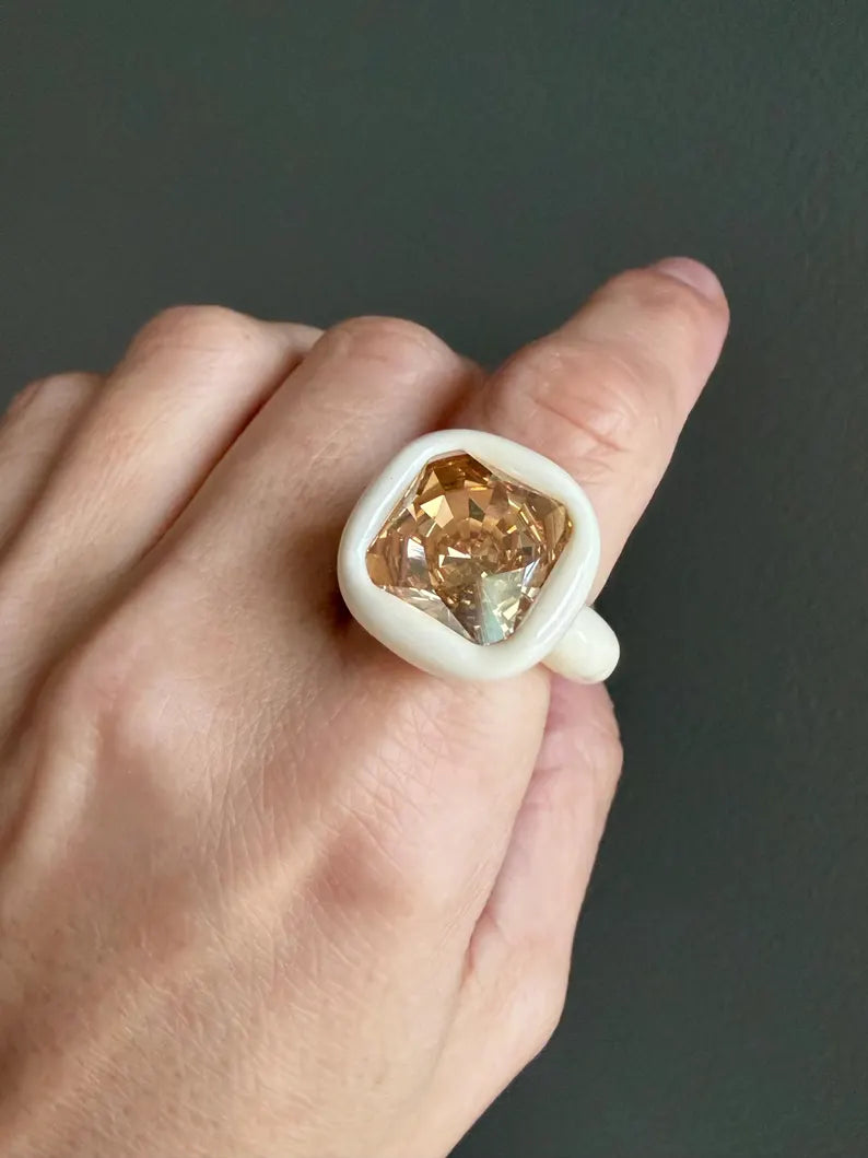 Ivory milk color polymer ring with 14mm square Swarovski in golden  diamond luster