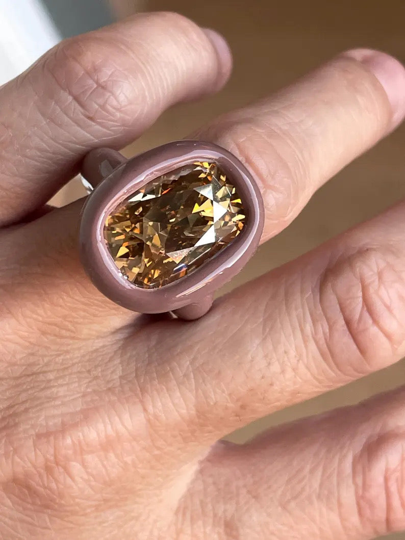 Beige brown caramel color polymer ring with sparkling 18mm elongated cushion champagne crystal