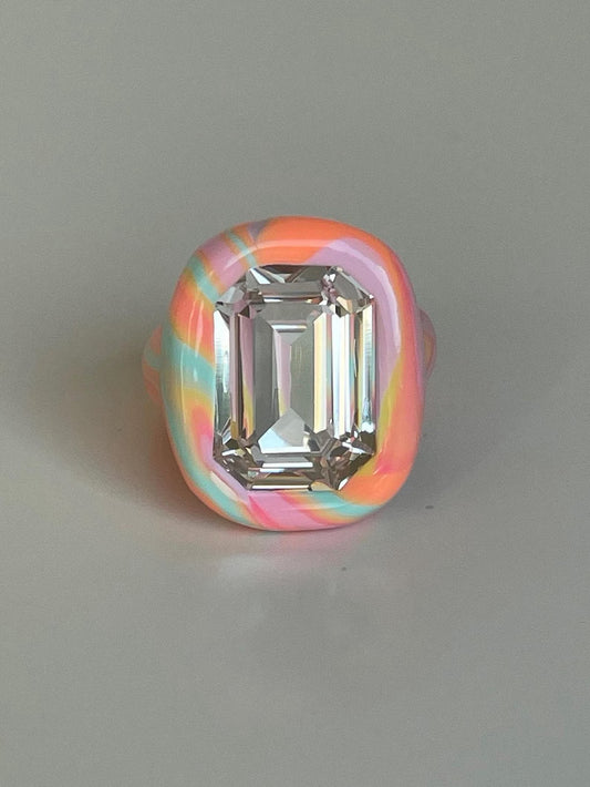 Rainbow color mix polymer clay ring with 18mm crystal