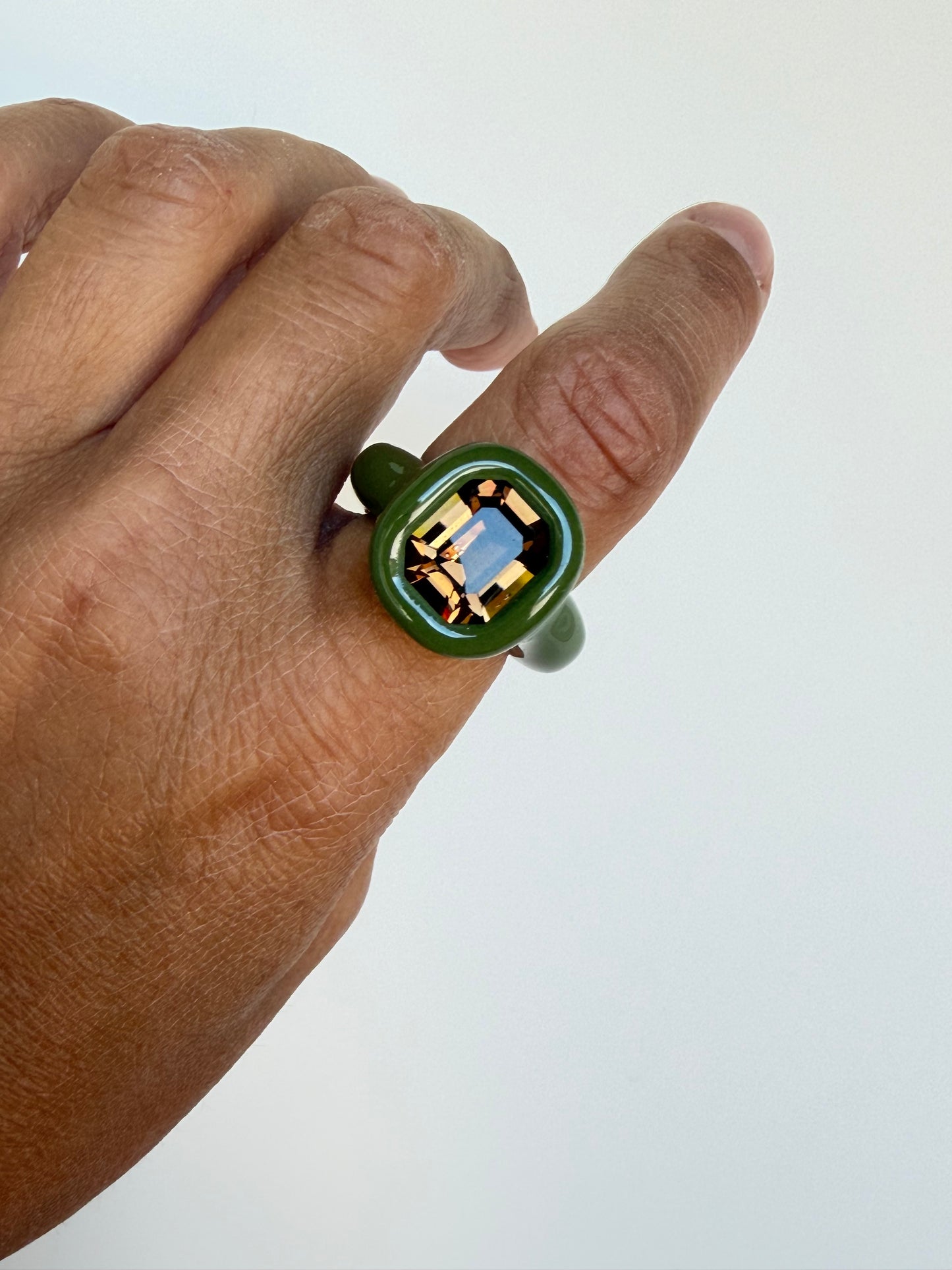 Khakki green pilyner ring with dark brown topaz octagon crystal