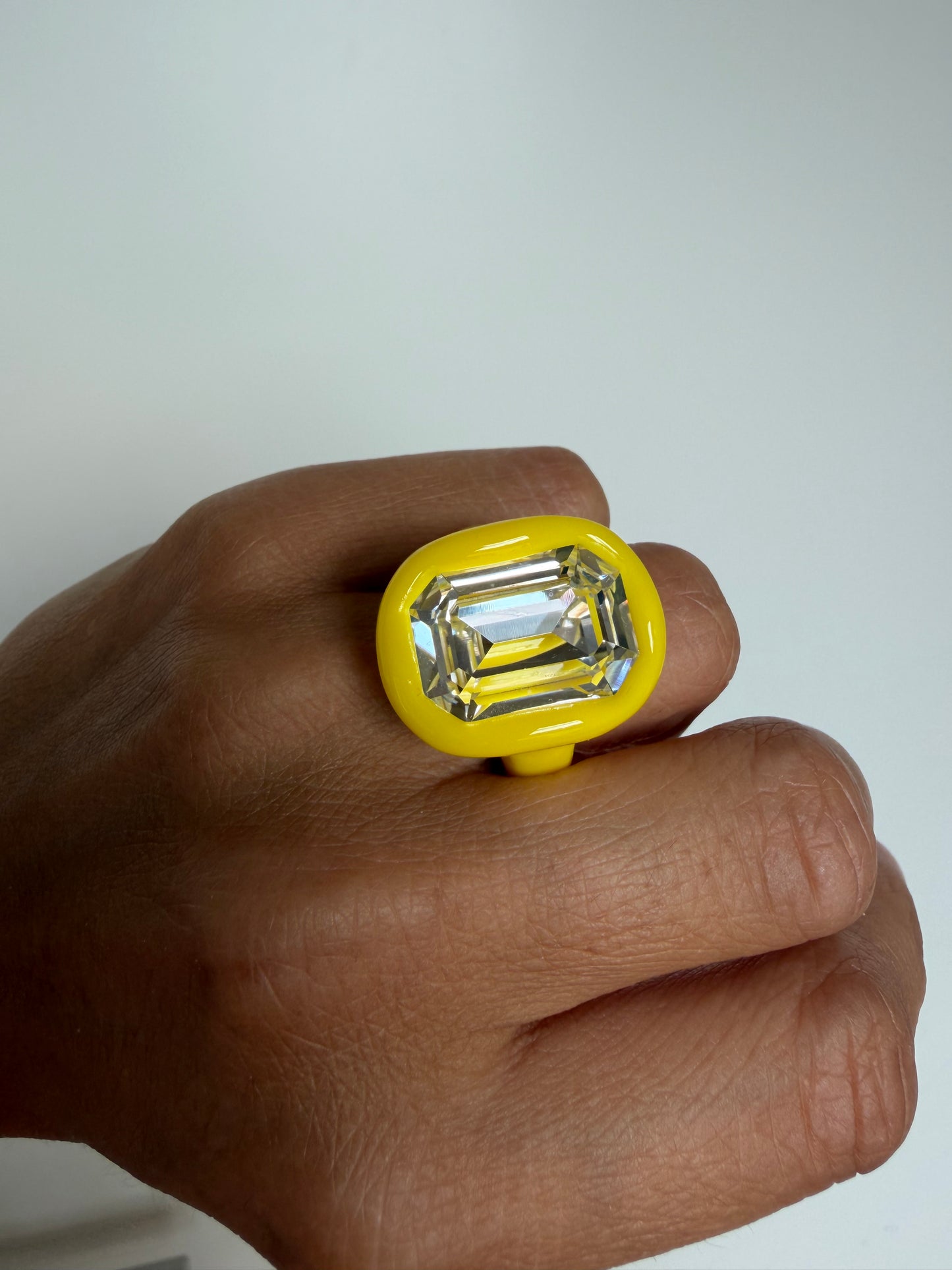 Lemon Yellow polymer ring with big 18mm octagon Swarovski