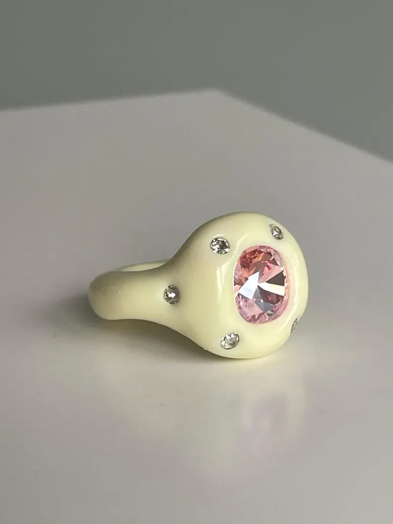 Pastel yellow polymer clay ring with peach color crystal Swarovski