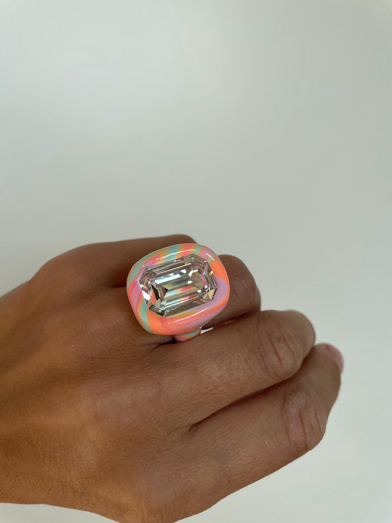 Rainbow color mix polymer clay ring with 18mm crystal